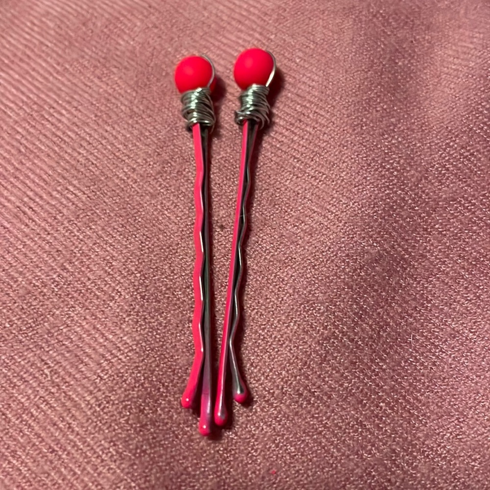 Pair of Hot Pink Hairpins w Wired Hot Pink Beads Great 4 Up-dos & Hair Styling